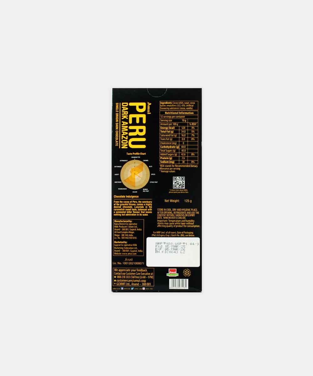 Amul Peru Dark Amazon Single Origin Dark Chocolate 125 Gm - Image 2
