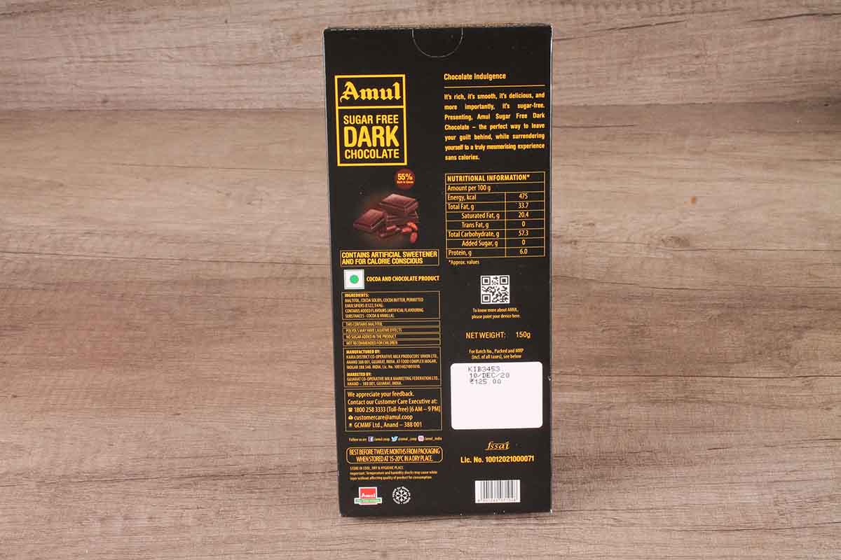 Amul Suger Free 55% Dark Chocolate 150 Gm - Image 2