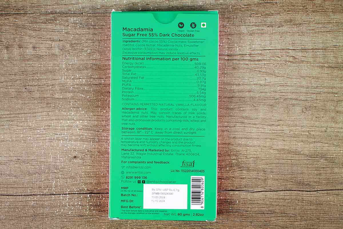 Entisi Macadamia Sugar Free 55% Dark Chocolate 80 Gm - Image 2