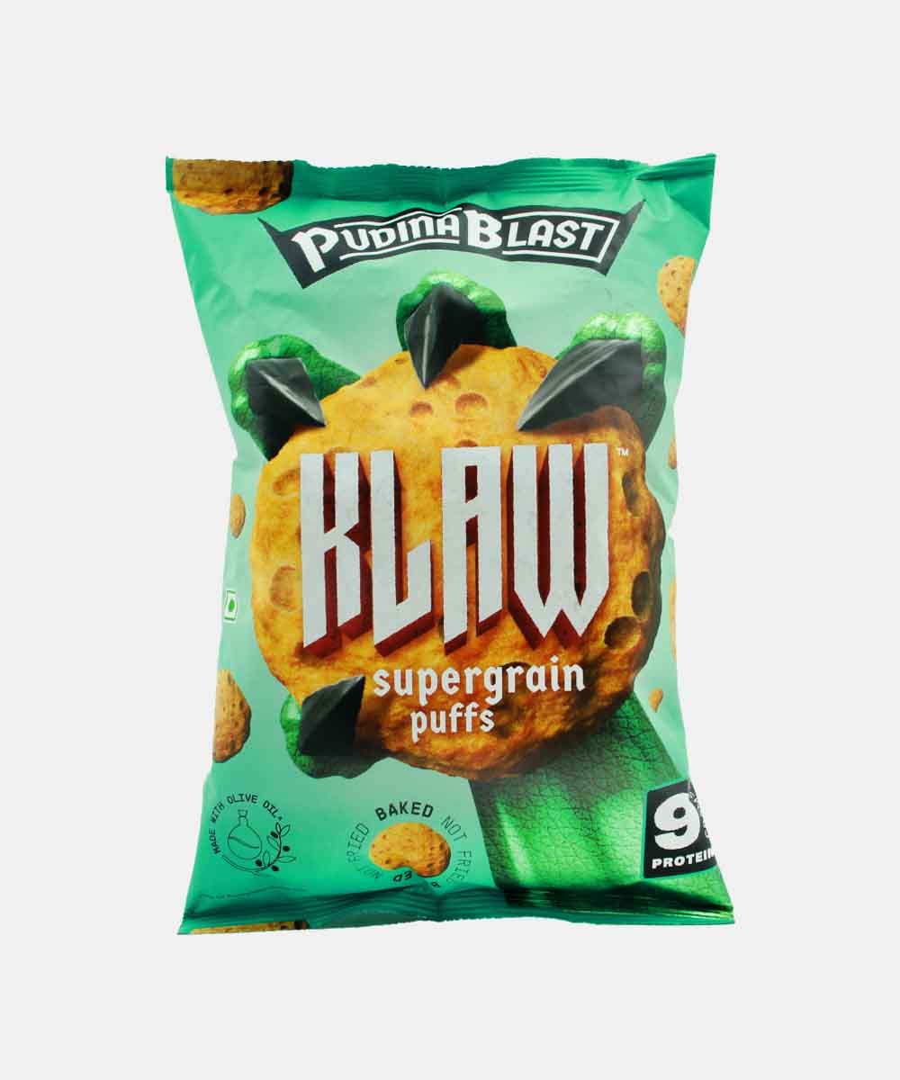 Klaw Supergrain Puffs Pudina Blast Flavour | Made With Olive Oil | Baked | 9G Protein In 50G Packet