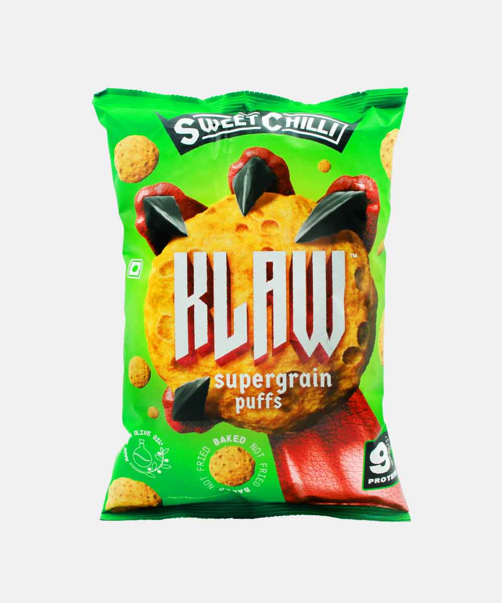 Klaw Supergrain Puffs Sweet Chilli Flavour | Made With Olive Oil | Baked | 9G Protein In 50G Packet