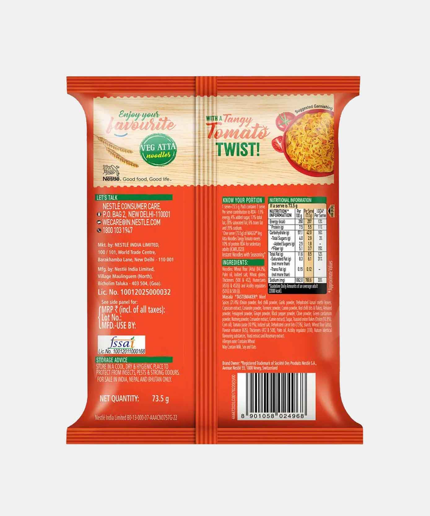Maggi Veg Atta Tangy Tomato Noodles 73.5 Gm - Image 2