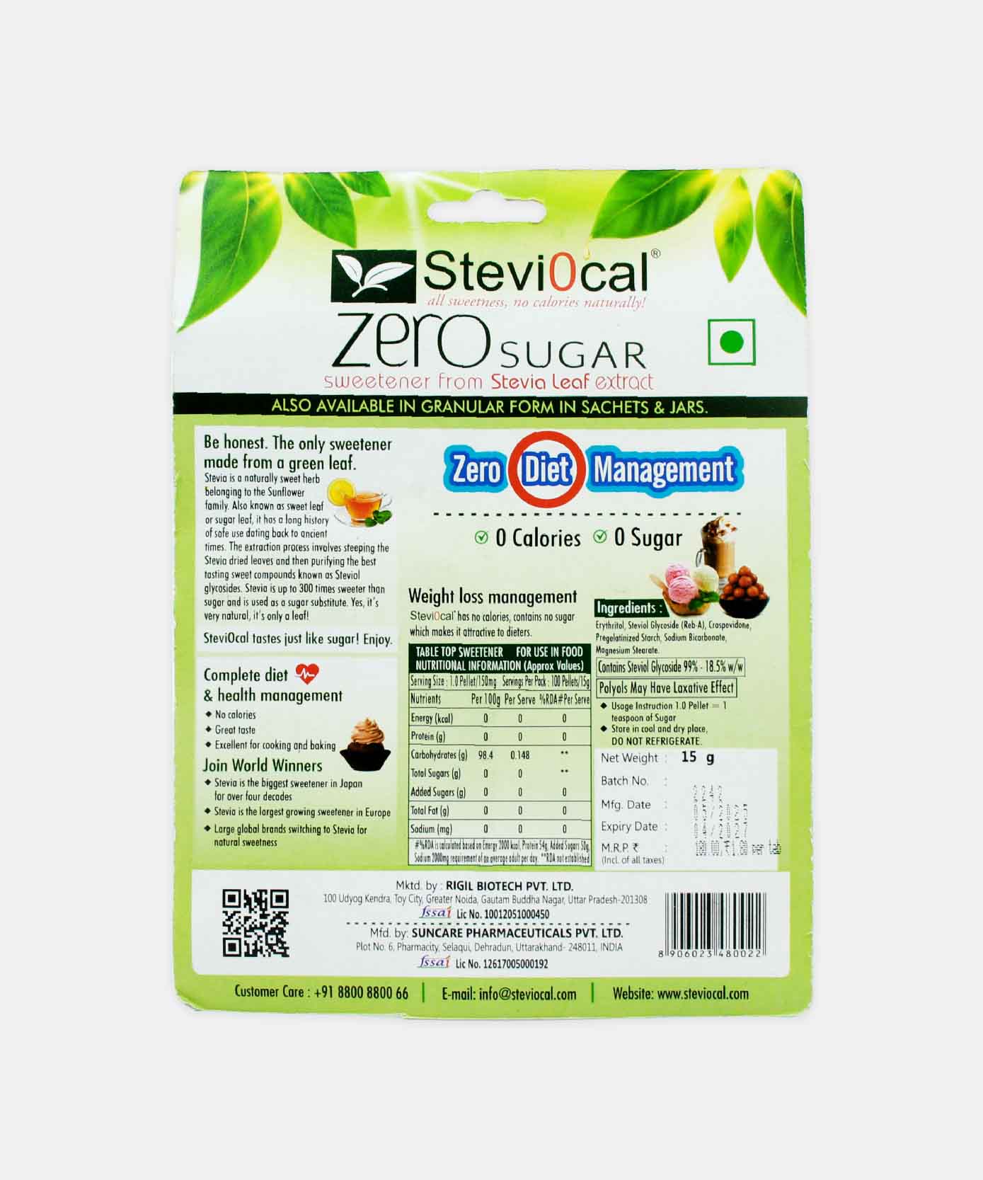 STEVIOCAL ZERO CALORIES 100 WHITE PELLETS TABLET 15 GM - Image 2